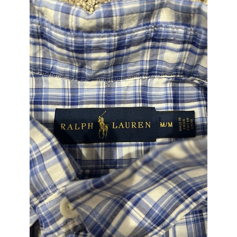 Ralph Lauren Cotton Blue and White Plaid Striped Button Down Shirt Men's Medium - Picture 7 of 9